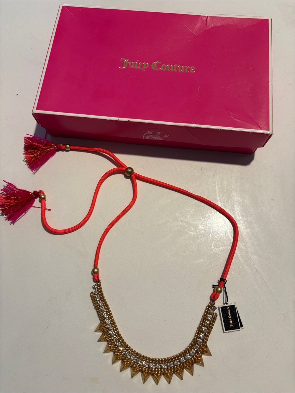 Juicy Couture Neon Pink and Gold Tassel Spike Necklace